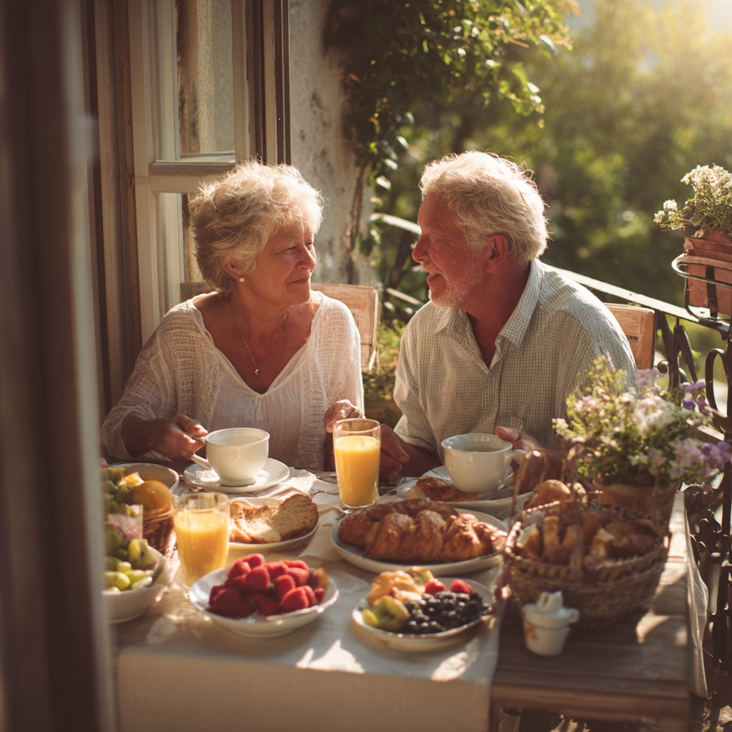 Elderly European woman smiling while preparing healthy meal in modern kitchen, surrounded by fresh vegetables and fruits