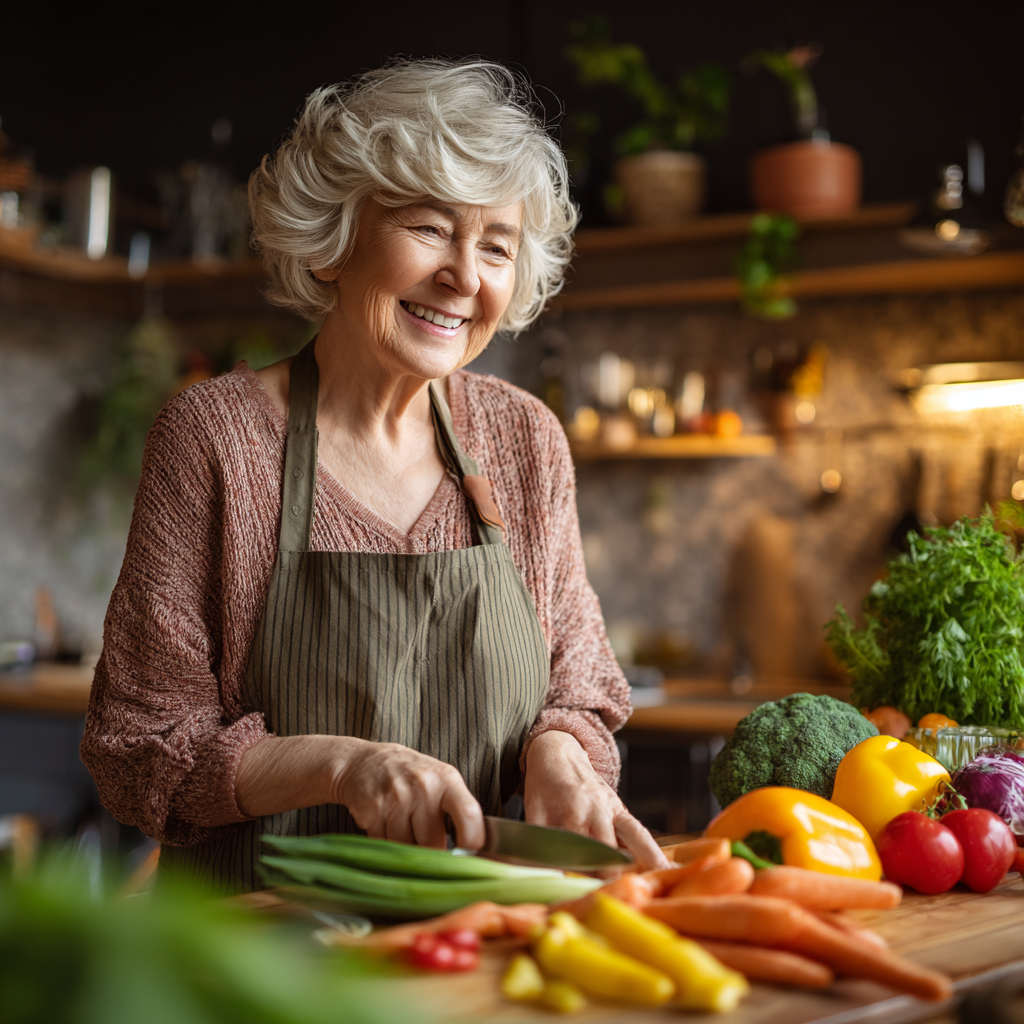 Elderly European couple enjoying morning sunlight while having breakfast together on terrace with healthy food
